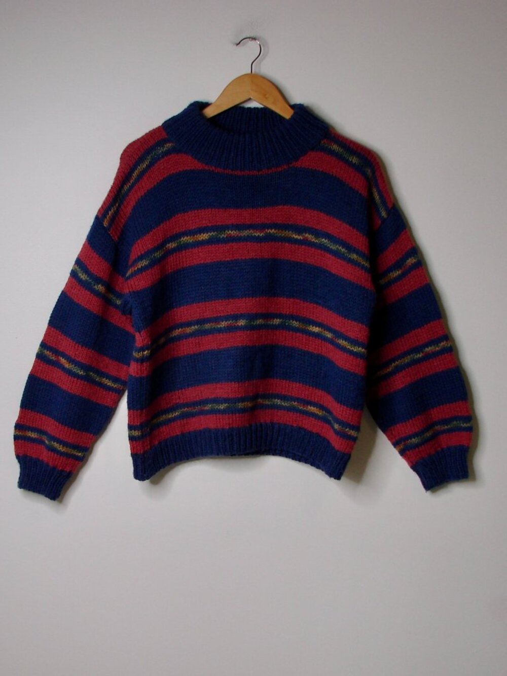 Chunky Knit Sweater Mock neck Striped Ribbed Blue Plum Tan Vintage ? Unisex XL